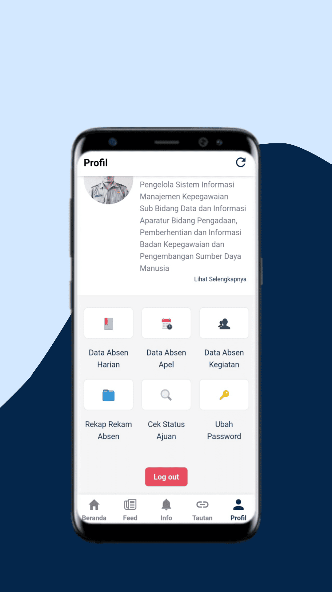 Menu layanan pegawai: data absen, rekap, cek status ajuan dan ubah password